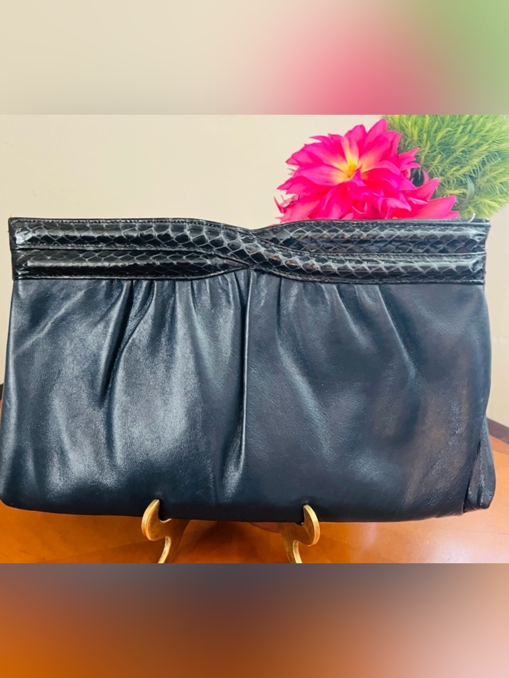 Vintage Navy Blue Leather Convertible Clutch w/ Lizard-Embossed Trim
